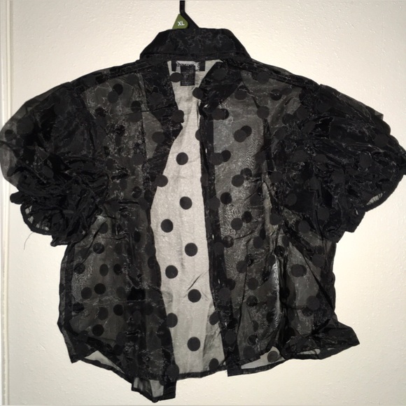 Black Sheer Polka Dot Short Sleeve Button Up Blouse 🖤 - Picture 3 of 5